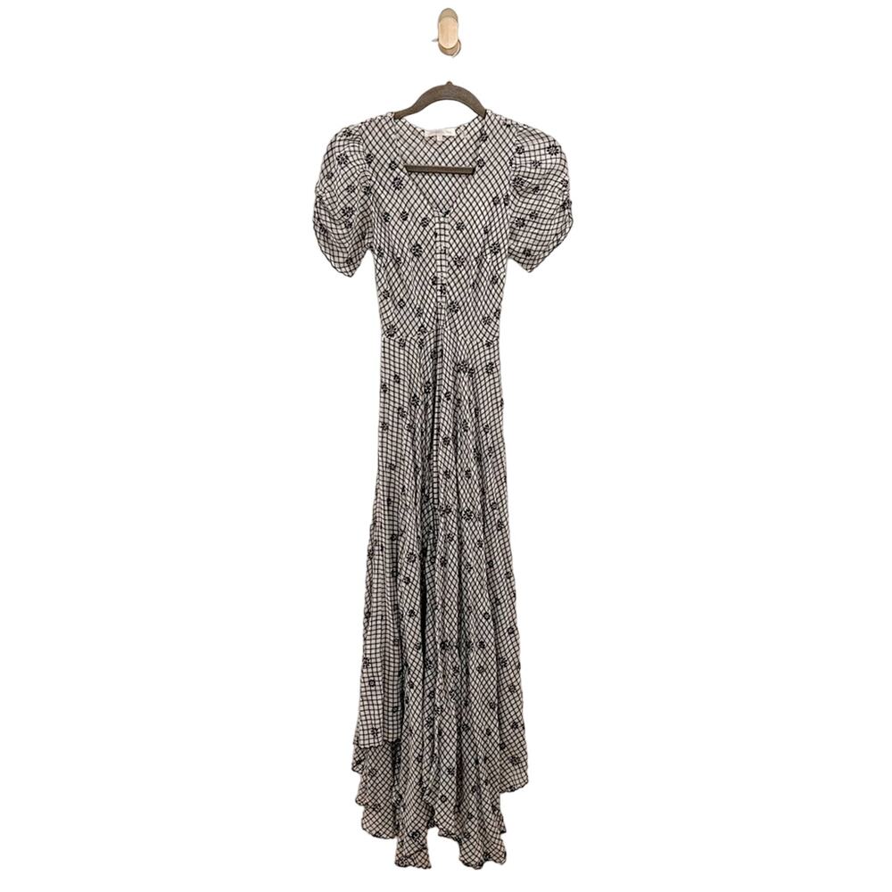 LoveShackFancy Coralie Puff Sleeve V Neck Midi Dress Charcoal Floral Plaid US 0 - Picture 7 of 12